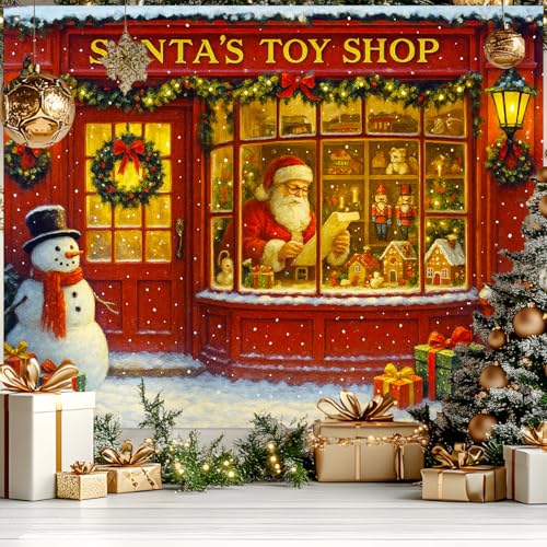 BlissYard Santa Toy Shop Christmas Backdrop Banner 8x6ft Red Store Window Santa Claus Snowman Gifts Garland Holiday Decoration Background for Kids Party Indoor Outdoor Scene