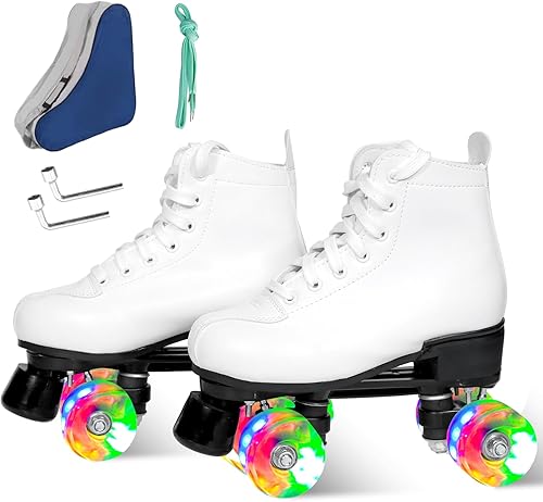 Roller Skates for Women and Men, Derby Roller Skates for Outdoor Indoor, Adjustable Four Shiny Wheel Roller Skates