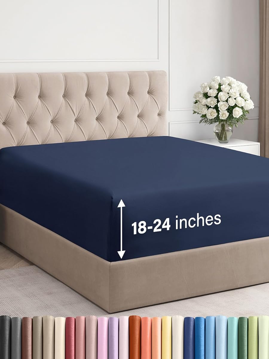 Extra Deep Queen Fitted Sheet - Hotel Luxury Single Fitted Sheet Only - Easily Fits 18 inch to 24 inch Mattress - Ultra Soft, Wrinkle &amp; Fade Free w/Extra Deep Pockets - Breathable &amp; Comfy - Navy Blue