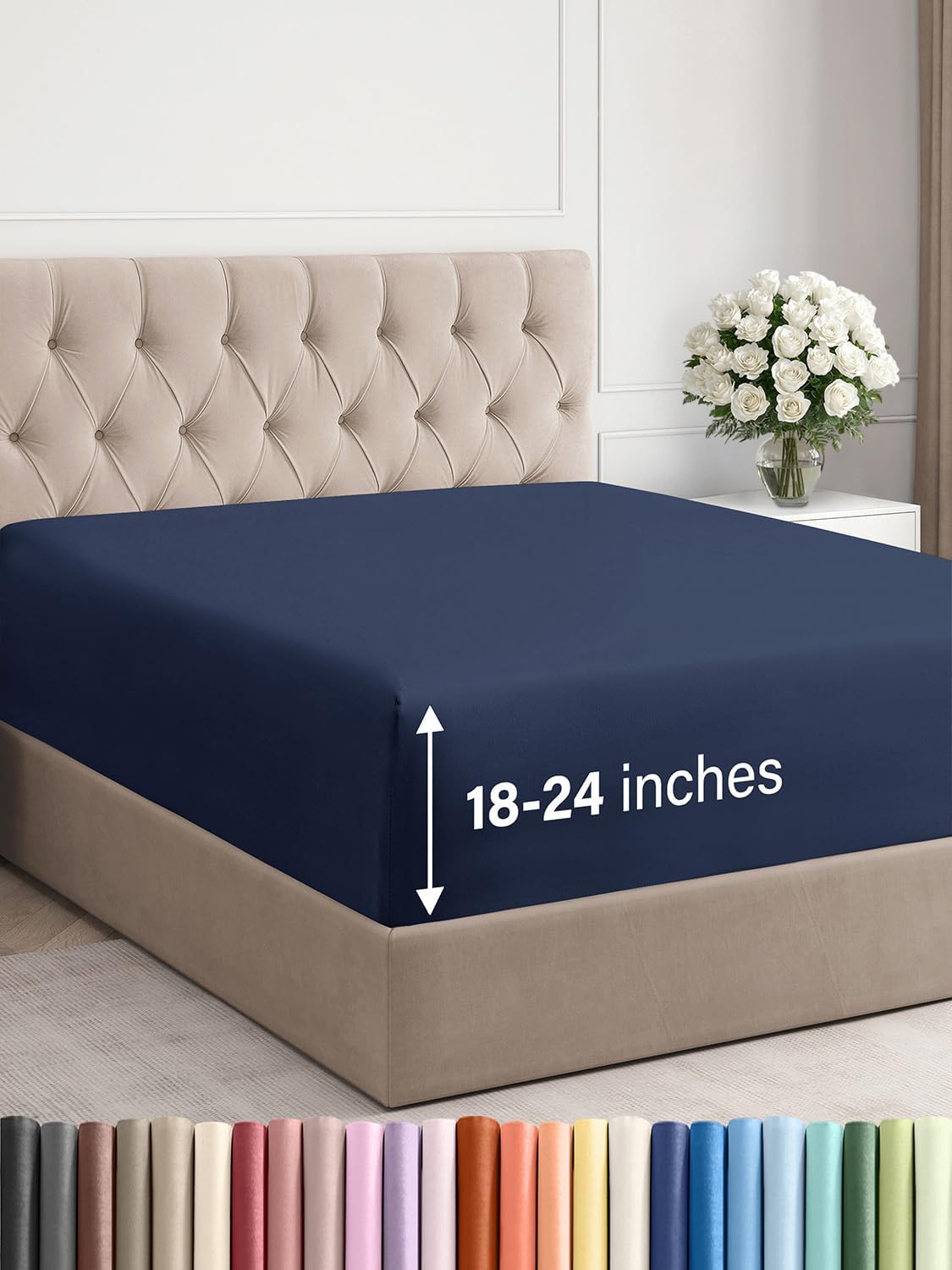 Extra Deep Queen Fitted Sheet - Hotel Luxury Single Fitted Sheet Only - Easily Fits 18 inch to 24 inch Mattress - Ultra Soft, Wrinkle & Fade Free w/Extra Deep Pockets - Breathable & Comfy - Navy Blue Queen 24 - Navy Blue