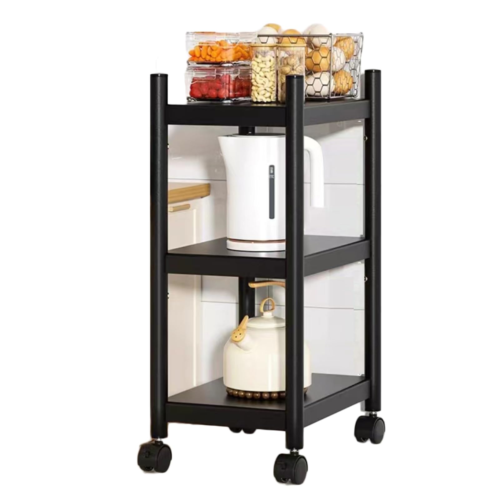 スチール製 3段ラック ブラック Amazon｜3段収納ラック、キャスター付き金属製収納ラック、玄関