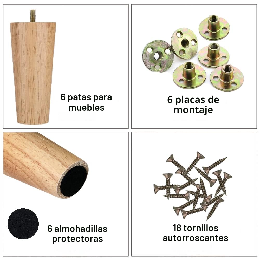 Patas para Muebles Madera 6 Piezas Patas de Madera de Sofá 12cm Patas de Madera para Muebles Patas de Mesa de Madera con Placa de Montaje Tornillos y Protector Antideslizante