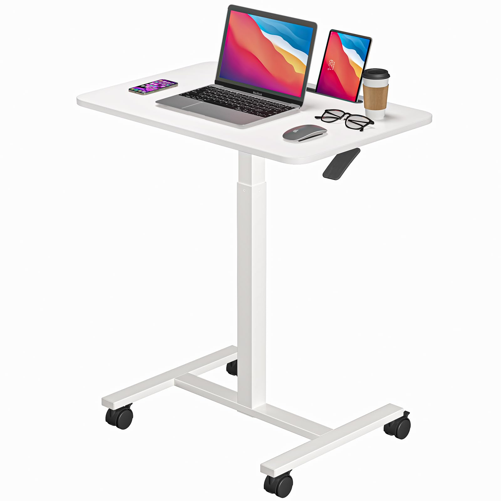 Dripex Computertisch höhenverstellbar mit Rollen, Nut für Tablet oder Handy, Steh-Sitz PC Tisch, Schreibtisch klein, mobiler Stehpult, pflegetisch, beistelltisch, weiß