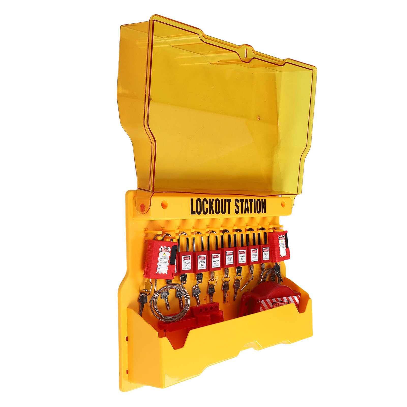 LiebeWH Kit Loto Lockout Tagout Station, Pannello Muro Giallo per PC con 8 Lucchetti 20 Etichette 3 Ganci 6 Serrature con Interruttore Automatico per Apparecchiature di Sicurezza Industriale