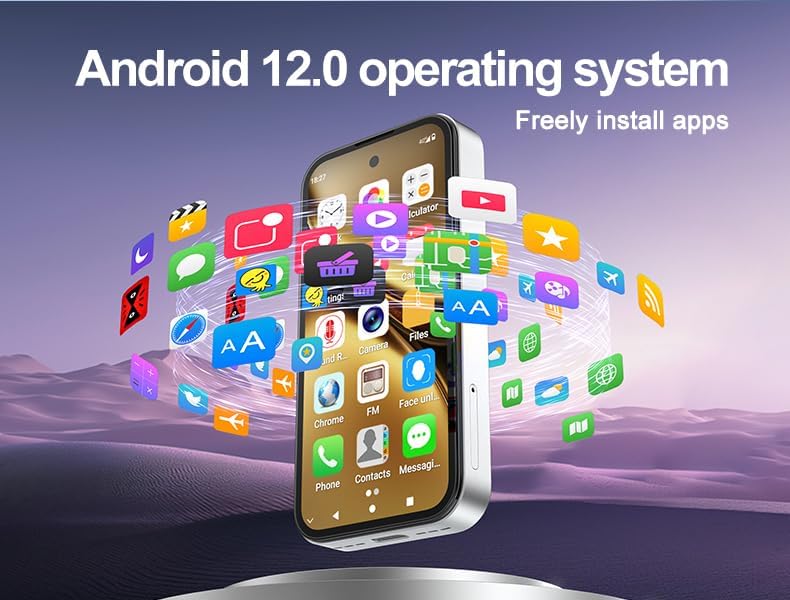 Smartwatch displaying Android 12.0 operating system with various app icons floating around it.