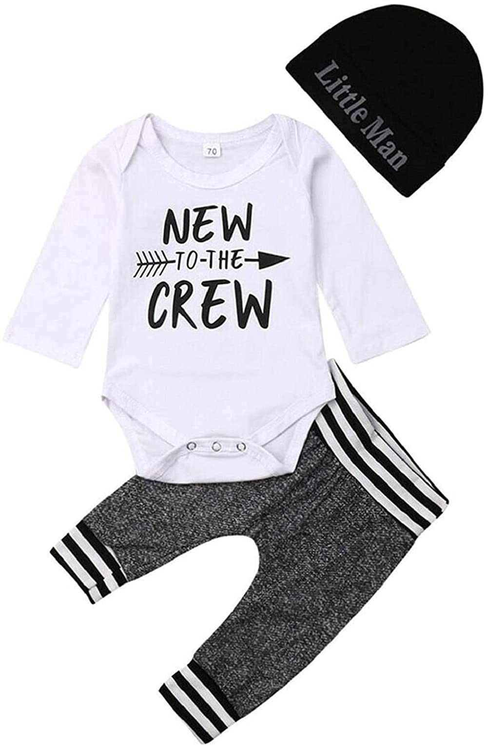 Juflam Neugeborenes Baby Jungen Kleidung New to The Crew Strampler + Hut + Hose 3 tlg Bekleidungssets