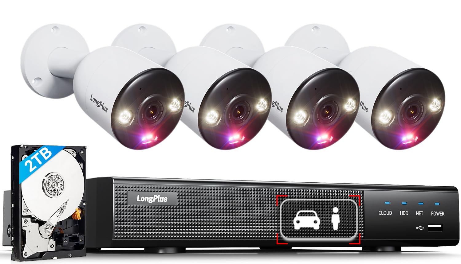 LongPlus Smart 4K 8CH Home Security Camera System, 4Pcs Wired PoE IP Cameras System Outdoor with Person/Vehicle Detection, 12MP 8CH NVR with 2TB HDD