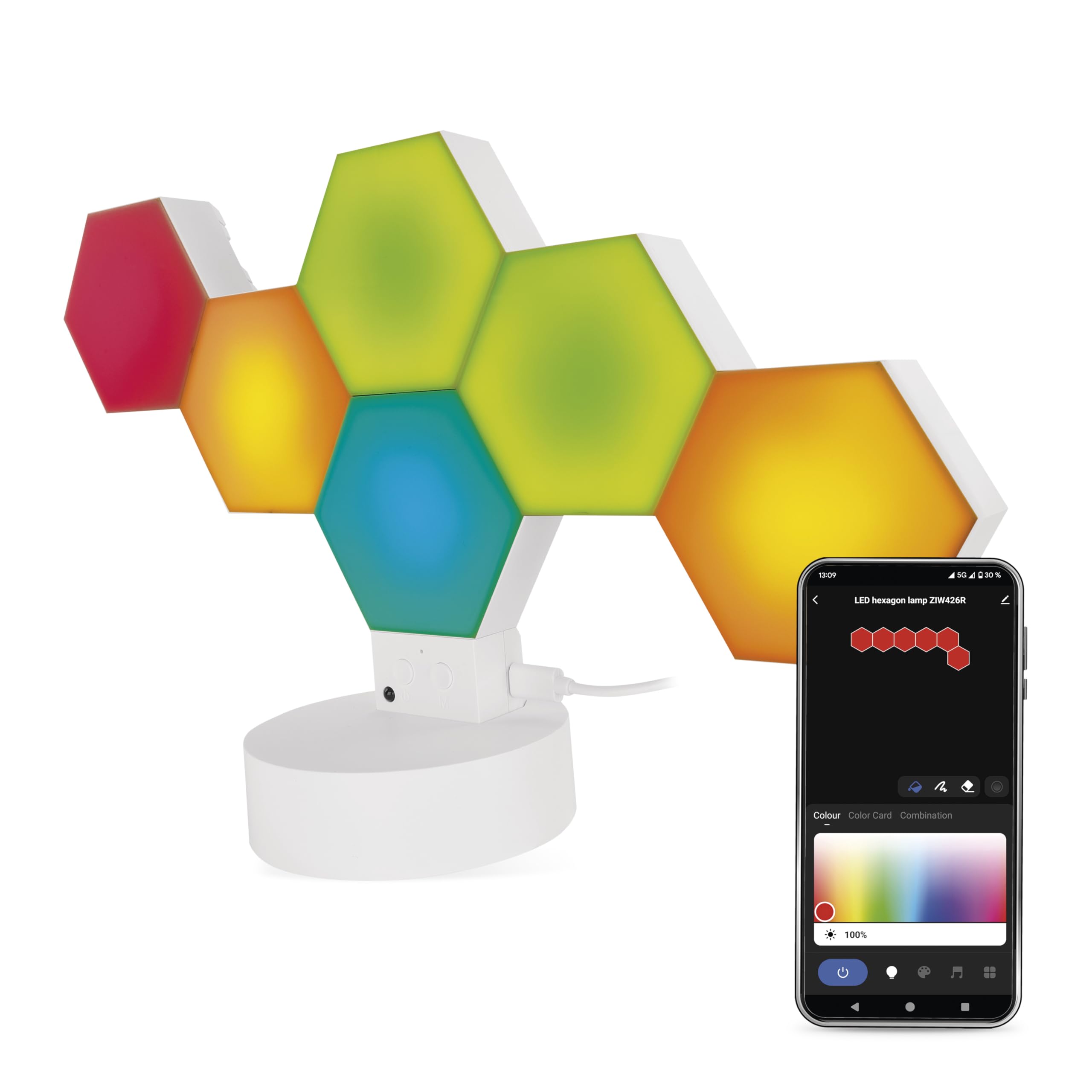 EMOS - Smart Hexagon Tisch- und Wandleuchte, 6 Stk Sechseck-Elemente 2-in-1 - WiFi Modular-Beleuchtung mit RGBIC-Farbspektrum, dimmbar - HandyApp, Sprachassistenten - 1m USB-Ladekabel - weiß