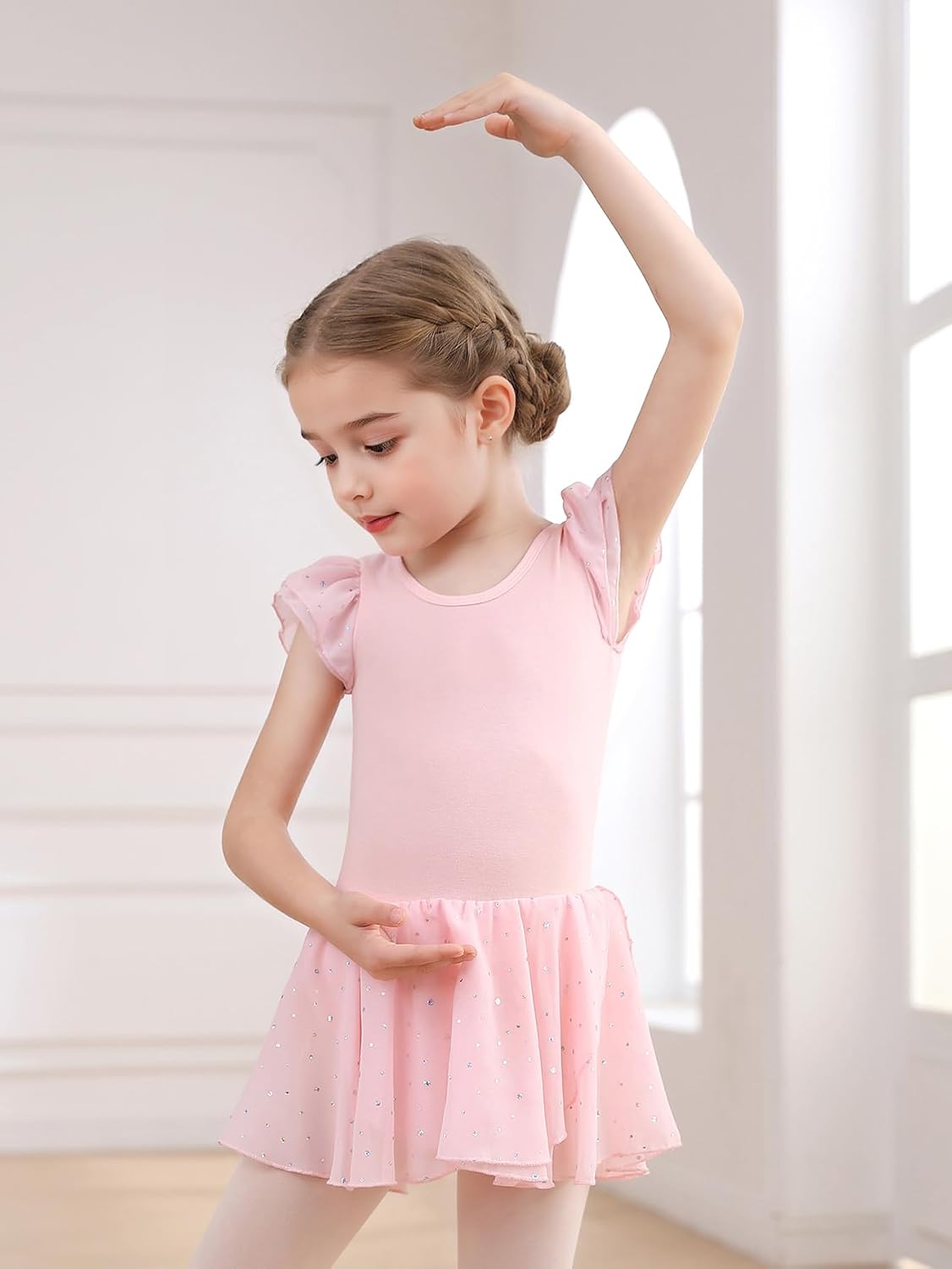 Toddler Girls Ballet Leotard Dress with Ruffle Sleeve & Hollow Back, Glitter Tutu for Class