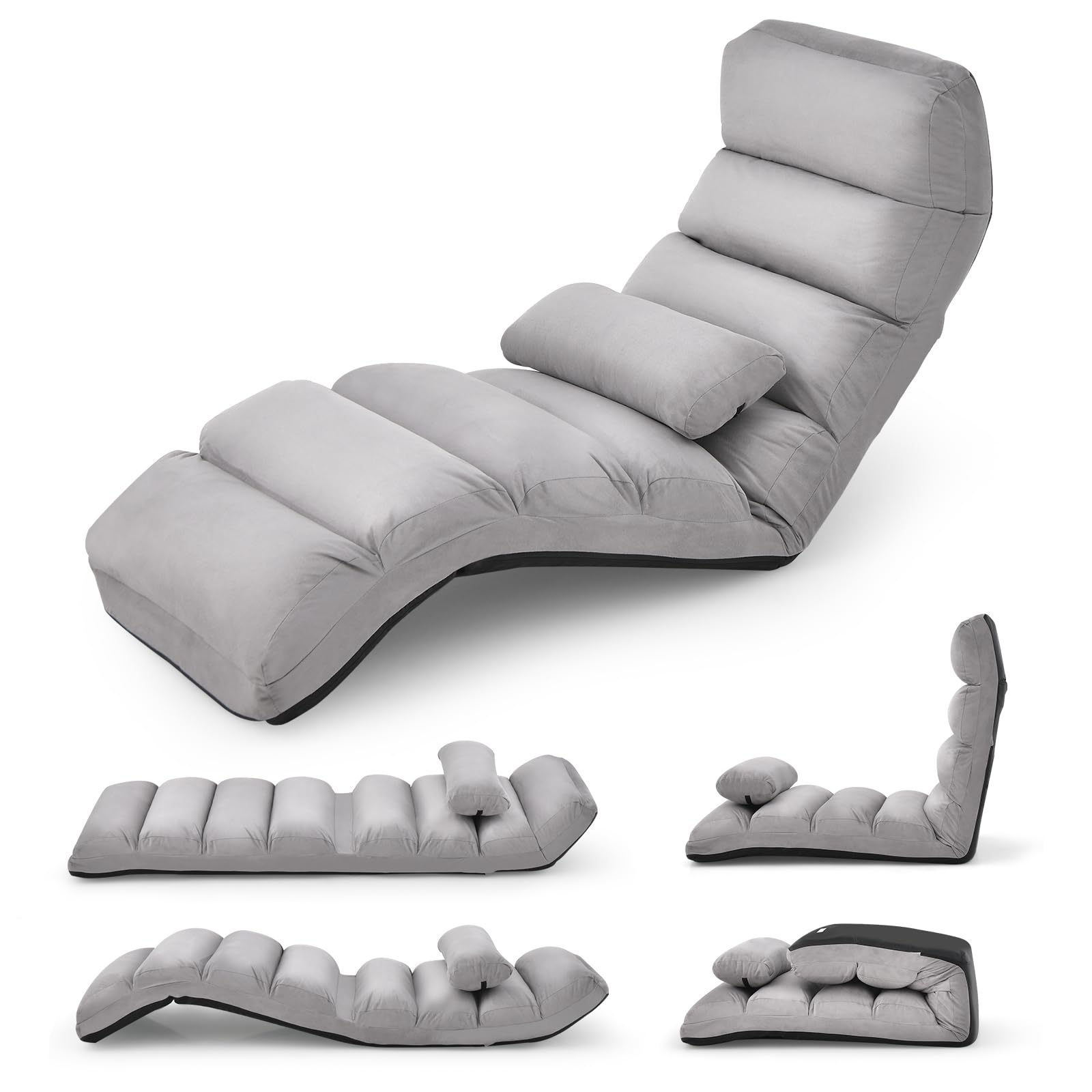 GOPLUS Sillón de Suelo con Respaldo Ajustable en 5 Niveles, Sofá Perezoso con Reposacabezas, Silla de Suelo Plegable Relax para Leer, Dormir y Relajarse, 175x55x20CM, Carga 120 kg (Gris)