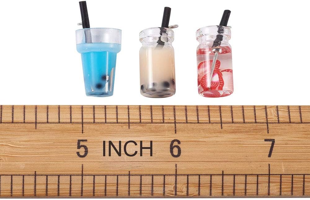 100pcs Glass Bottle Pendant Charms Cute Milk Tea Fruit Mini Glass Bottle Jars Dangle Charm Loose Beads with Resin Inside 27x12mm for DIY Bracelet Necklace Keychain Jewelry Making Hole:1.8mm