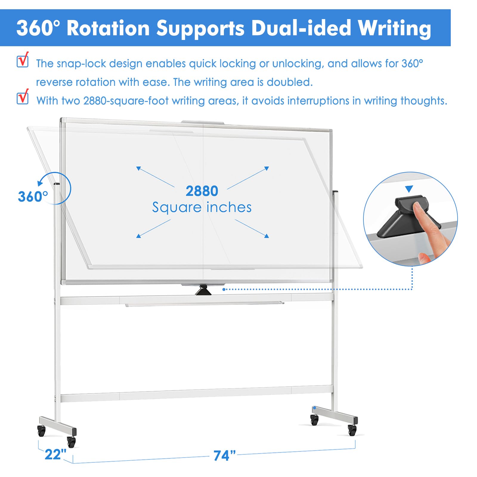 TRIPOLLO Rollendes Whiteboard, doppelseitig, 72 x 40 cm, groß, mobil, trocken abwischbar, 360° wendbar, stehend, magnetisch, Whiteboard auf Rädern für Schule, Klassenzimmer, Büro