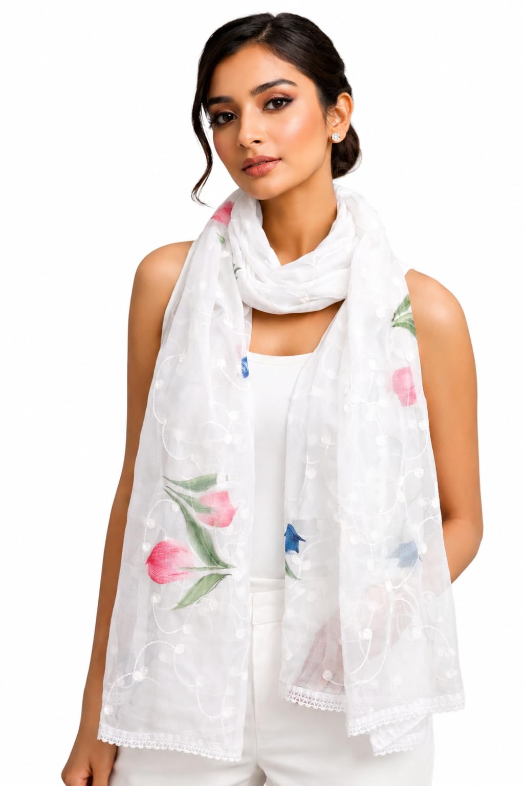 Chiffon Thread Work Brush Print Dupatta with Lace Border-picture-14