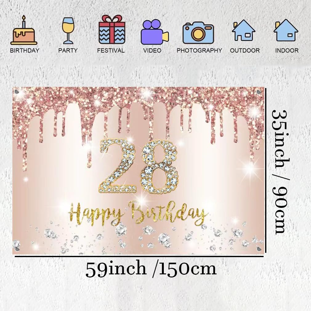 Goldfarbenes „28. Geburtstag“-Banner Mit Glitzer – Party-Deko Für Frauen & Männer, Einfach Aufzubauen