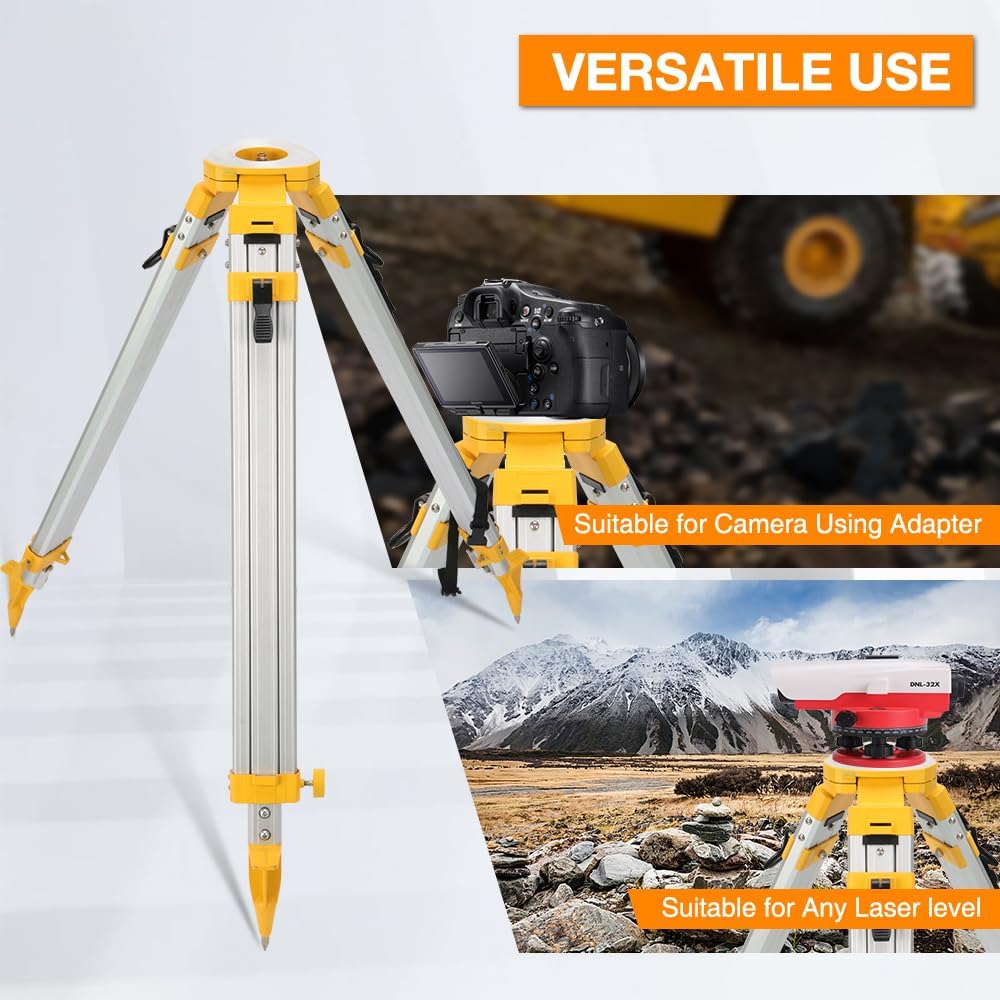 Surveying Tripod, Aluminum Survey Tripod with 5/8-Inch 11-Threaded Flat Head Quick Clamp for Total Station Theodolite