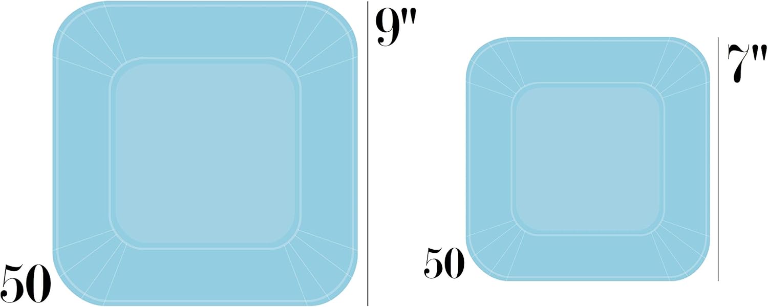 Serves 50 | Complete Party Pack | Light Blue Square Plates | 9" Dinner Paper Plates | 7" Dessert Paper Plates | 9 oz Cups | 3 Ply Napkins | Baby Shower ,office parties, birthday parties, festivals, Light Blue Party Theme : Home & Kitchen