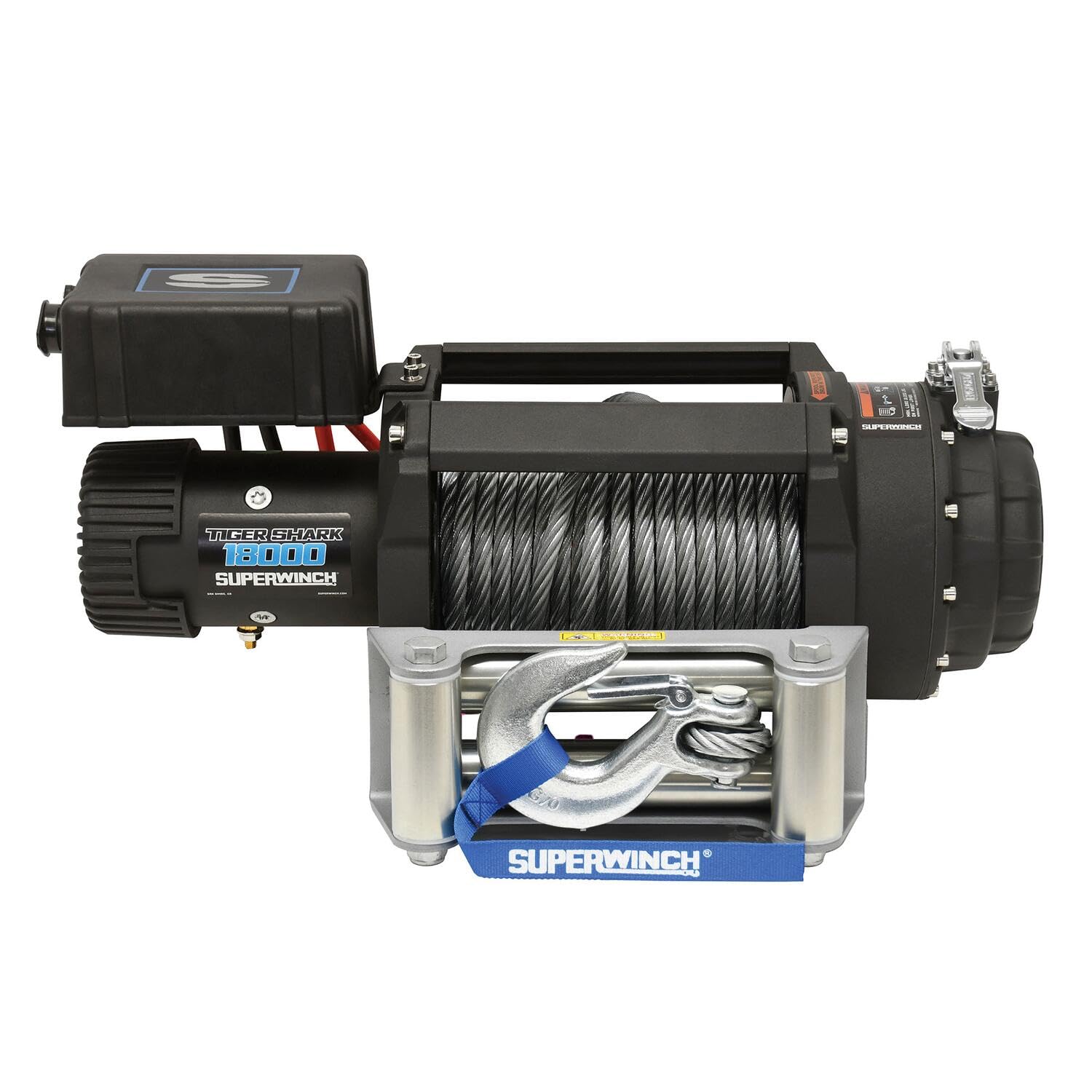Superwinch 1518000 Tiger Shark 18000 12V DC Winch 18,000lb/8165kg Single Line Pull with Roller Fairlead, 29/64" x 80' Steel Wire Rope, Corded Handheld Remote