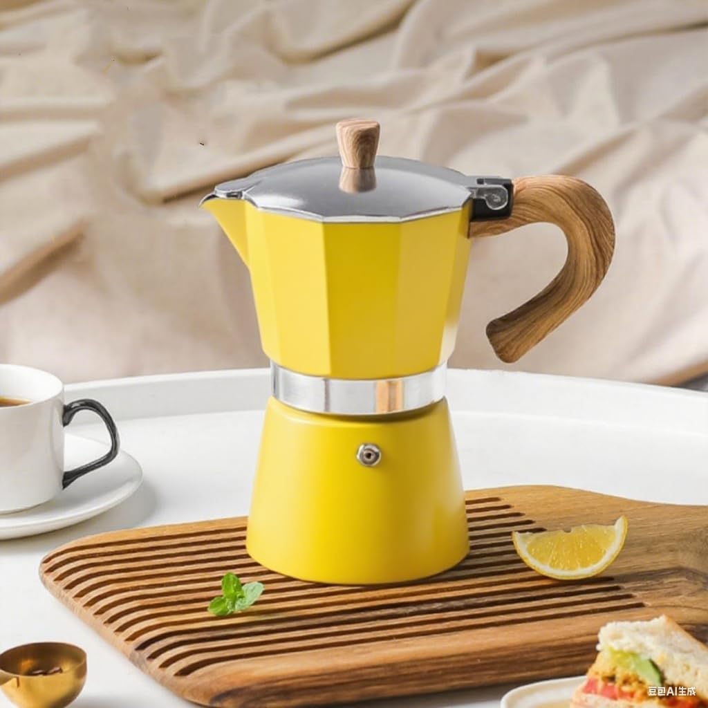 Aluminum Italian Pot Coffee Maker, Portable Maker for Cappuccino Latte, Easy to Use (Yellow 150ml)