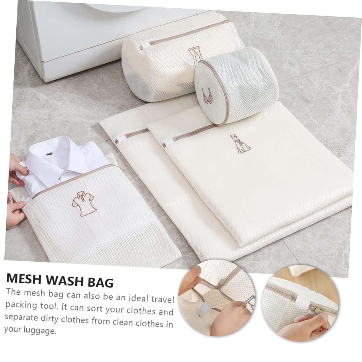 Juego de 6 Bolsas de Malla para Lavandería Bordadas Beige