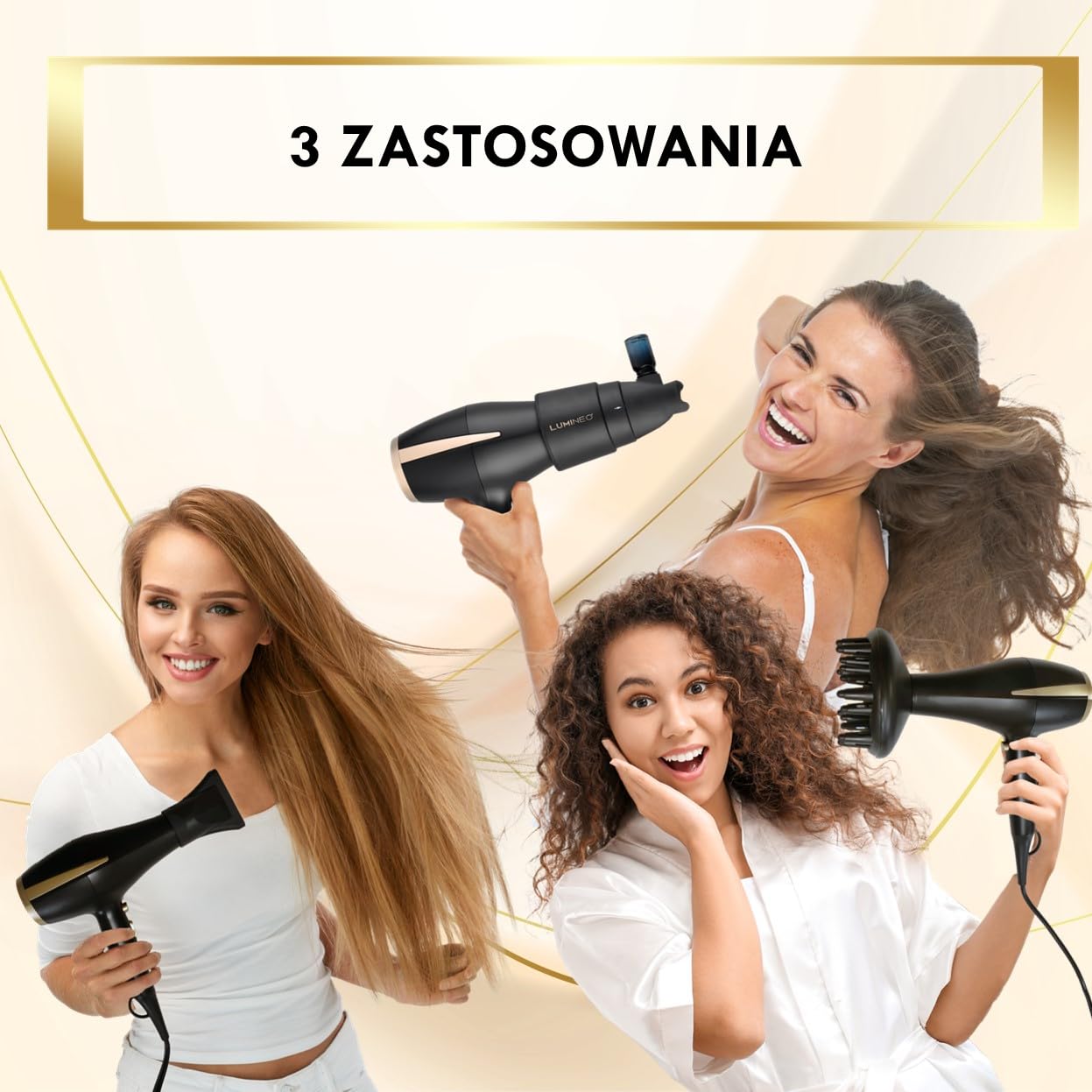 Lumineo profesjonalna suszarka do włosów 5 w 1 z 2 milionami jonów i specjalnym dyfuzorem 2400 W + koncentrator + 3 szt. zestaw serum do włosów w zestawie