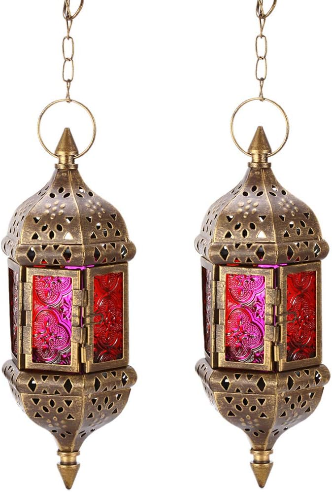 GKanMore 2Pcs Hanging Candle Lantern Retro Moroccan Candle Holder Hollow Metal Glass Candle Holder Lantern with 15.7" Hanging Chain for Home Patio Christmas Decorations (Bronze, Pack of 2)