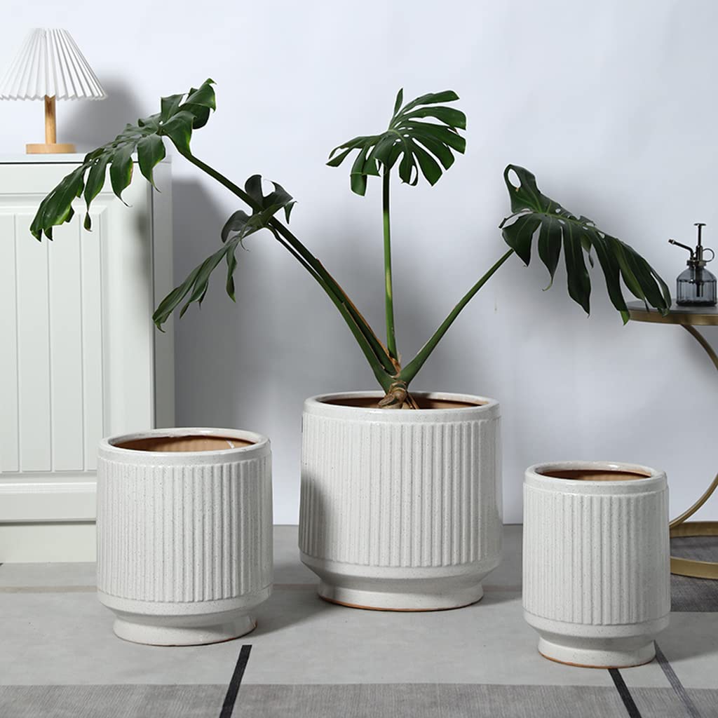 Vasi da Giardino Fioriera in Ceramica Vaso per Piante da 8/14 Pollici con Fori di drenaggio, Vaso da Fiori con Decorazione Moderna con Trama a Strisce Bianche per la casa