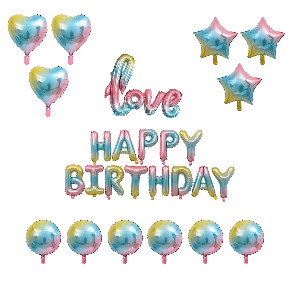 Birthday Party Decorations,Gradient Color Happy Birthday Foil Balloons,Pink and Blue Latex Balloons, Rainbow Star & Heart Balloons for Girl Boy Birthday Party Supplies (A)