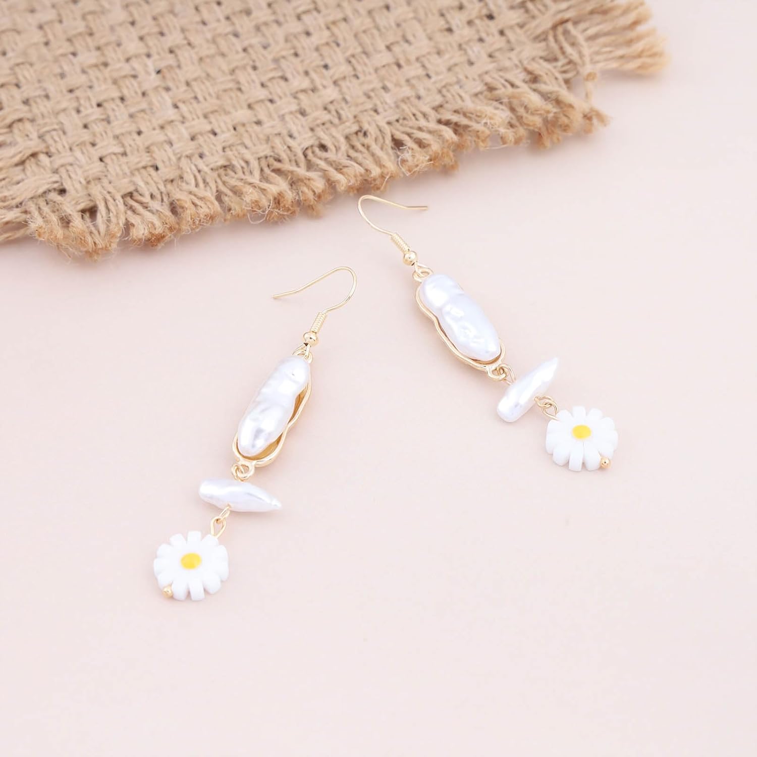 Bohemian Pearl Daisy Dangle Earrings Gold Baroque Pearl Drop Earrings Long Enamel Sunflower Earrings Retro Irregular Pearl Hook Earrings Jewelry for Women - Image 6