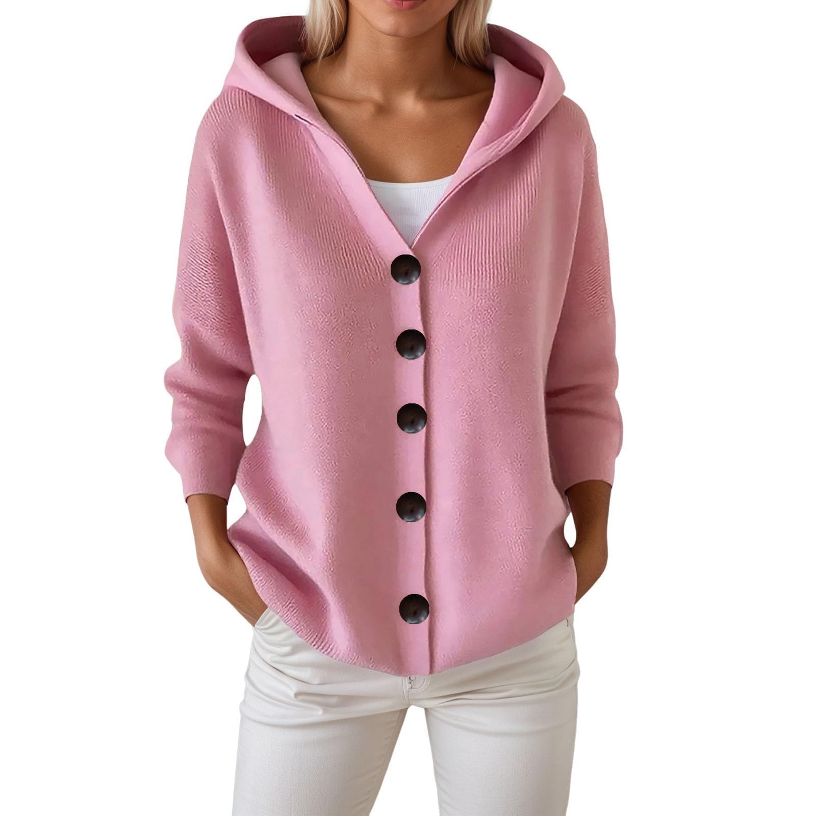 Button Down Sweater Hoodies for Women Long Sleeve Cardigan Sweaters Casual Open Front Loose Fit Knit Sweaters