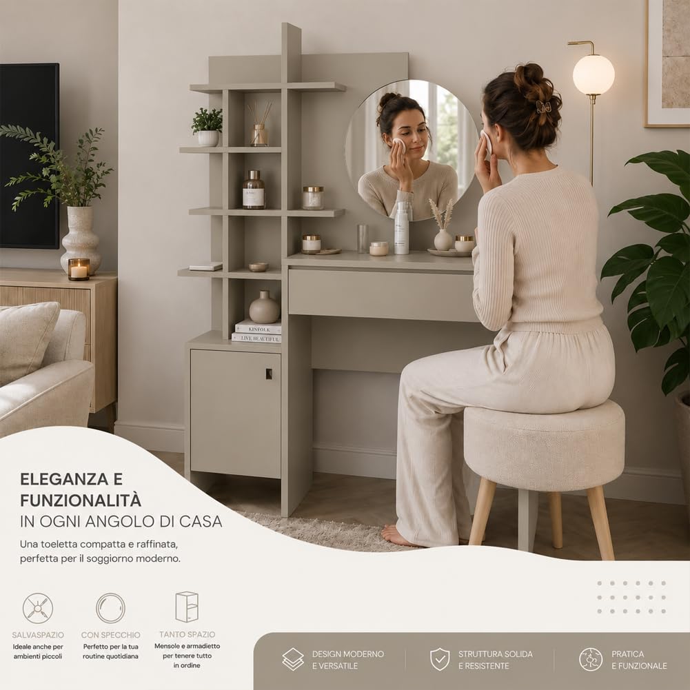 Shally Dogan Toletta Trucco con Specchio Rotondo e Mensole, Postazione Make Up Salvaspazio con Struttura in Legno Resistente, Ideale per Camera da Letto 105 x 35 x 151 cm (Sabbia)