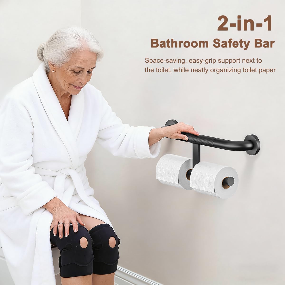 FANHAO Duschgriff und Toilettenpapierhalter für Zwei Rollen, 2-in-1-Sicherheits-Haltegriff, wandmontierter Badezimmer-Haltegriff aus Edelstahl für Senioren und Menschen mit Behinderung, 45.5cm