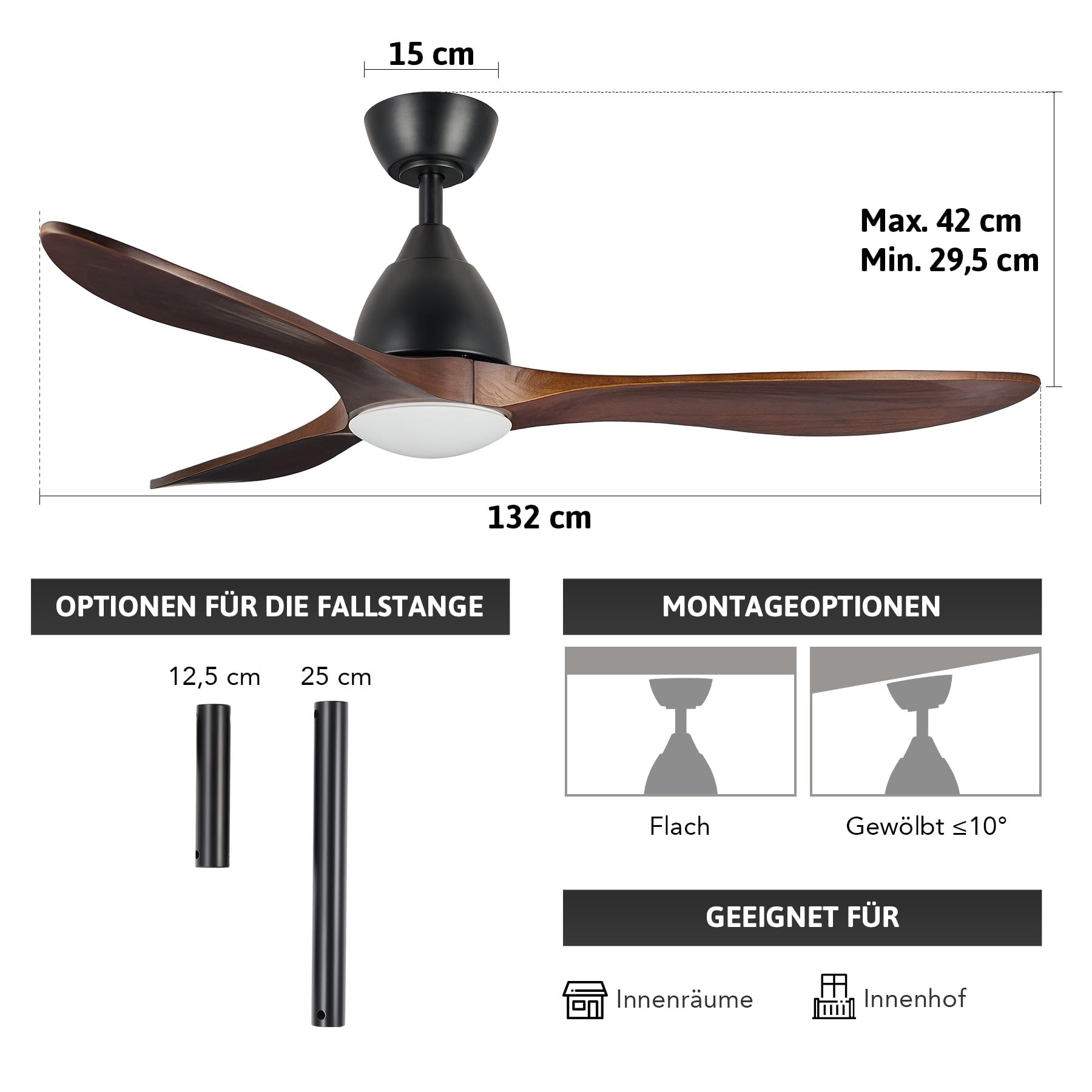 VONLUCE Deckenventilator mit Beleuchtung und Fernbedienung, 132 cm, 3 Flügel, leiser 6-stg. DC-Motor mit rev. Funktion & Timer, für Schlafzimmer, Wohnzimmer, Büro, Terrasse, Walnuss