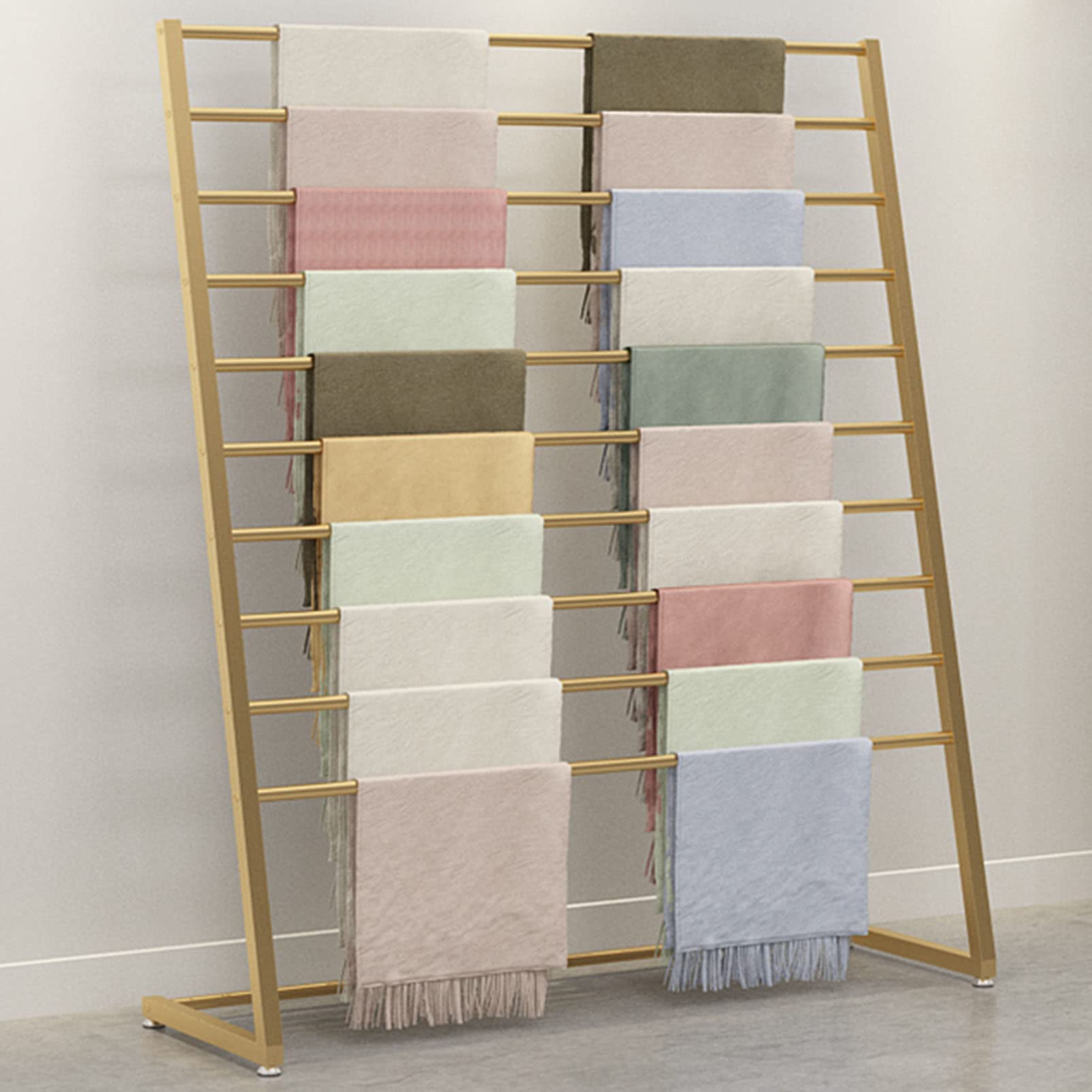 HPTHLY Freestanding Scarf Shelf Metal Retail Display Stand, Commercial Garment Rack Pants Hanger Shawl Organizer, Flower Wrapping Paper Holder Tie Scarves Belt Rack, Space-(Gold-80×40×145Cm)
