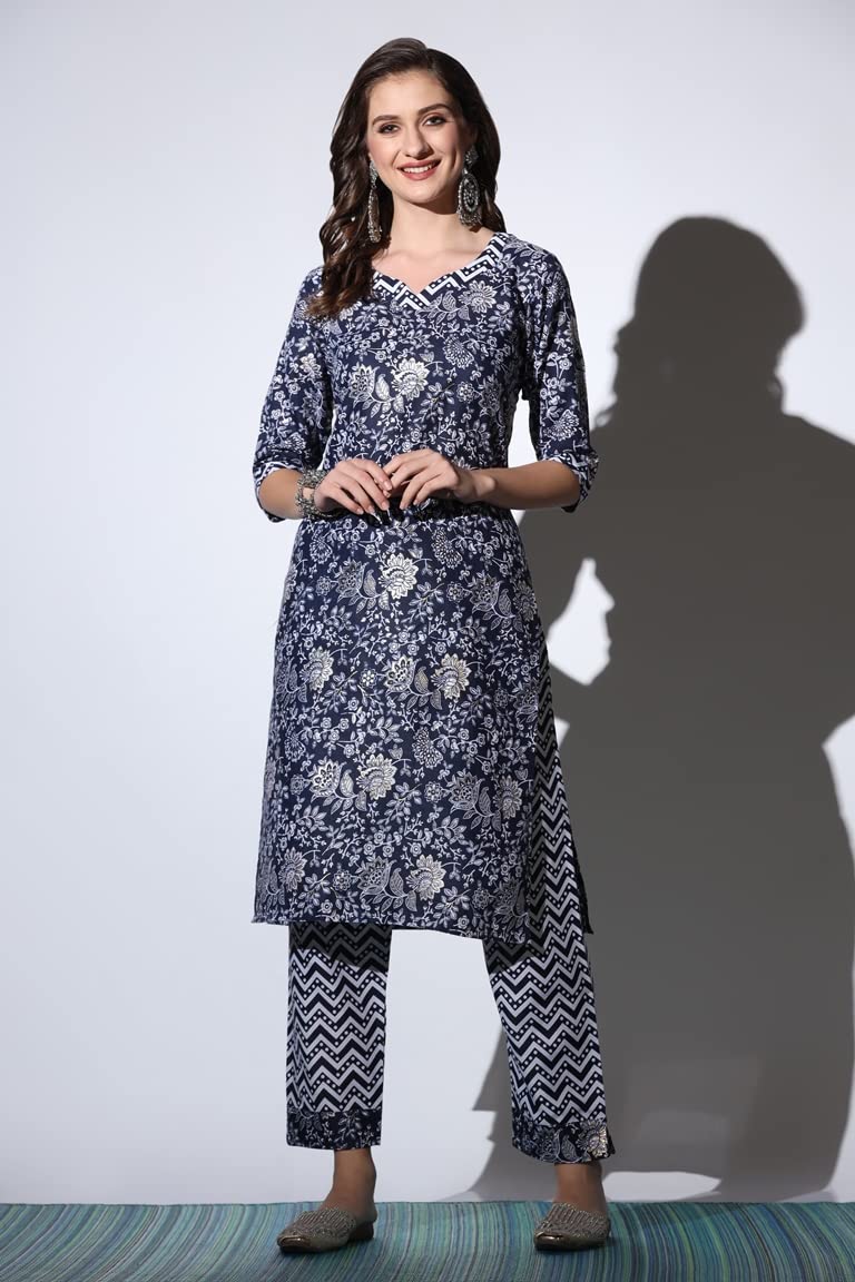 Dhruvi Trendz Womens Cotton Women Kurta Set Regular Fit Straight (Dt-K2693&P115_Nevy Blue_S)