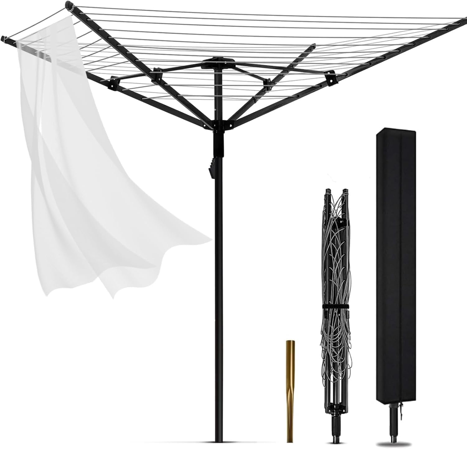 60 metre Rotary Washing Line Heavy Duty Steel Whirligig Washing Line with Ground Spike and Cover Bag, 4 Arm Outdoor Rotary Line