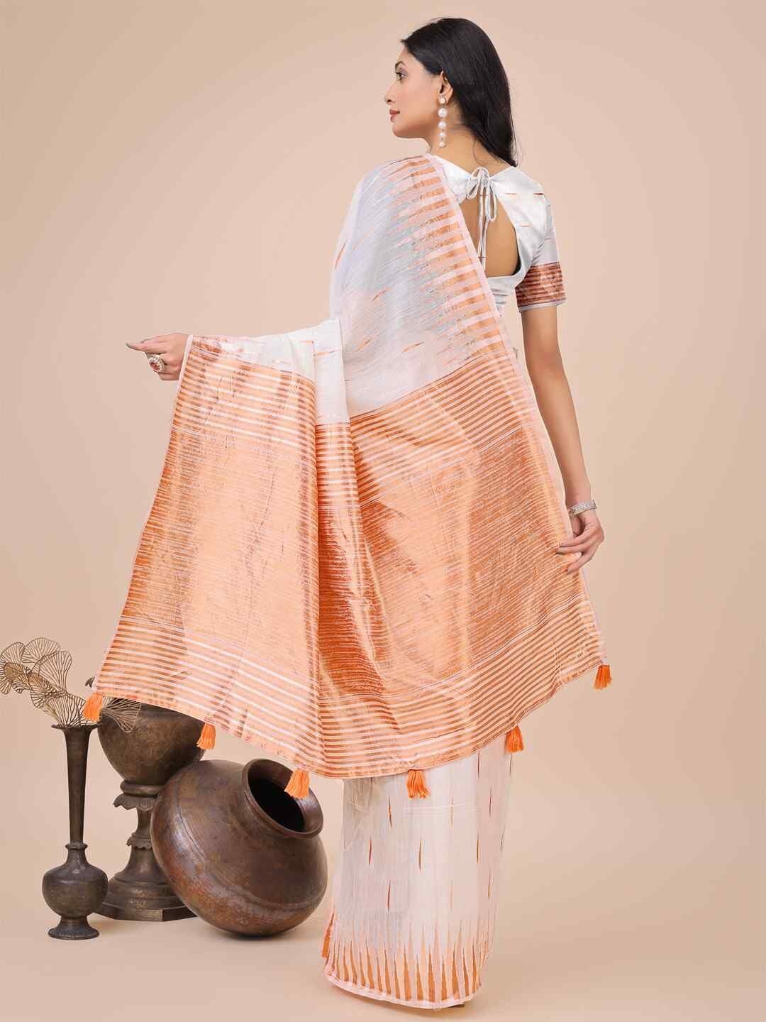 Shiv Textiles Women's Linen Cotton Zari Weaving & Tassel Saree(AUS-ASTAR1003-WHITE) 3