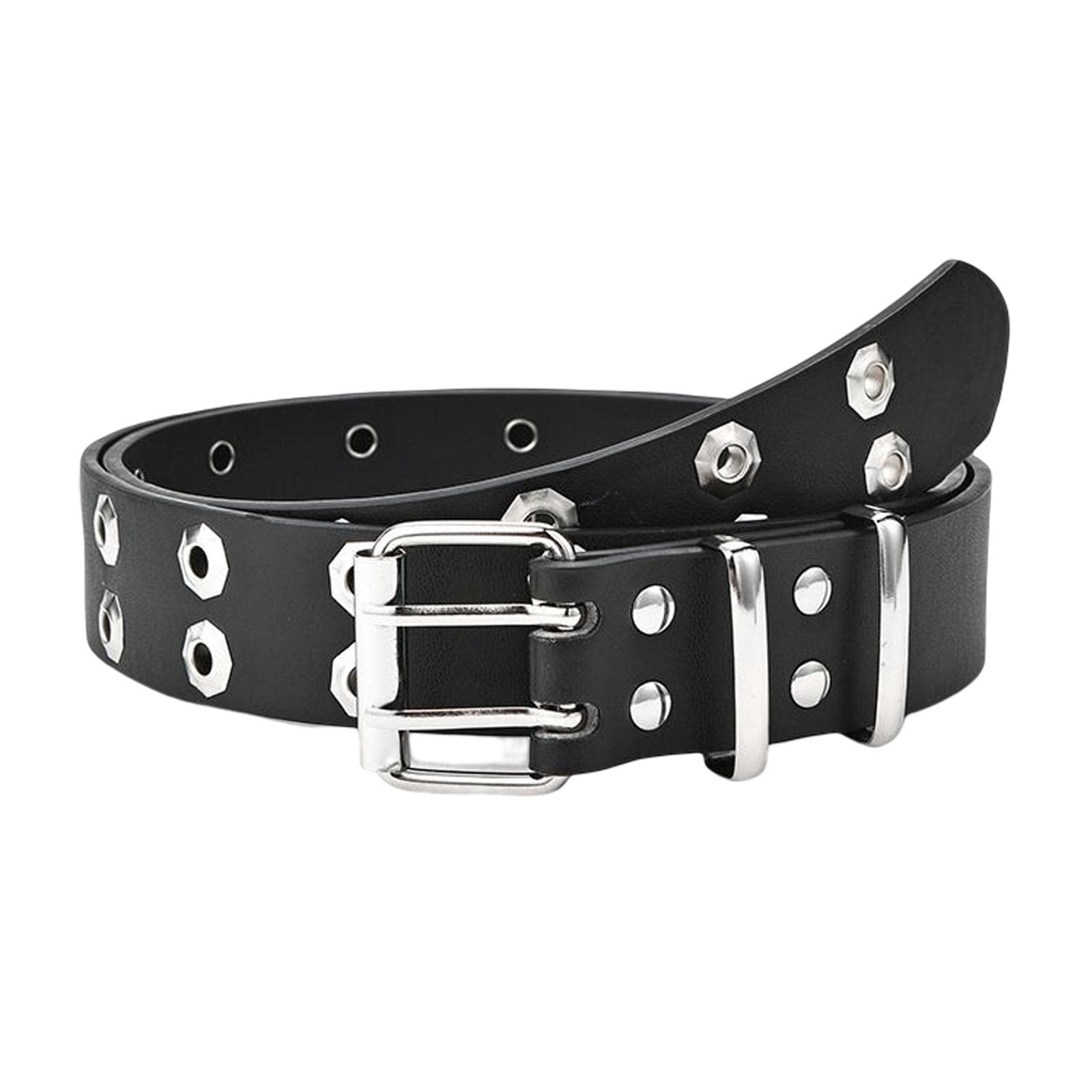Womens Double Grommet Belt Vintage Style Waistband for Club Cosplay Jeans Black-image-1