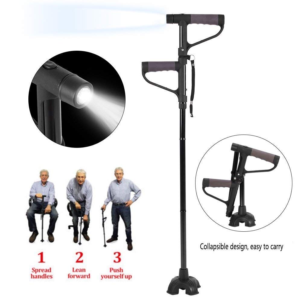 Bastón con Mango en T Doble, bastón de Seguridad de Viaje Plegable Antideslizante retráctil con luz LED para muletas para Ancianos Star of Light