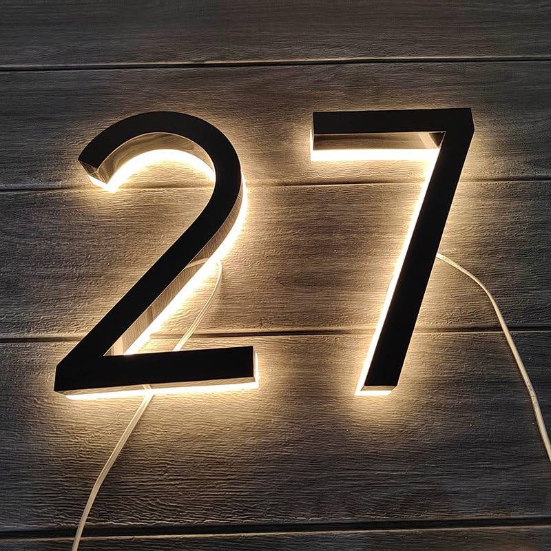 Numeros Adhesivos Luz LED 3D de Metal for casa, luz en forma número, letra acero inoxidable for exteriores, placa dirección, puerta Hotel for el hogar(5,25CM_WARM LIGHT)