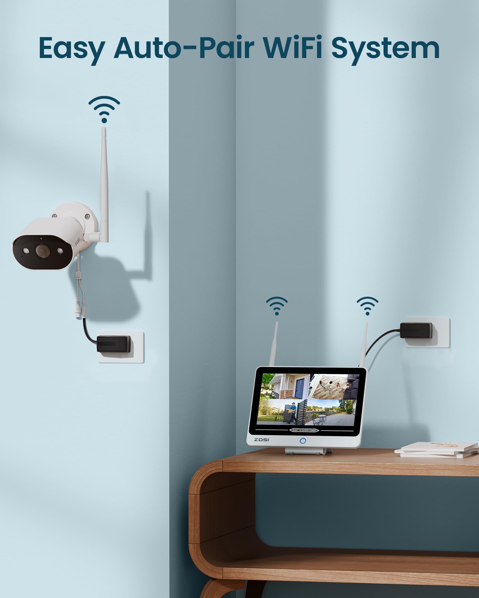 ZOSI 2K Wi-Fi 6 Überwachungskamera Set Aussen mit 12" Monitor NVR, 500GB HDD, 4X 3MP WLAN Kamera mit 2 Wege Audio, KI Personenerkennung, Farbnachtsicht