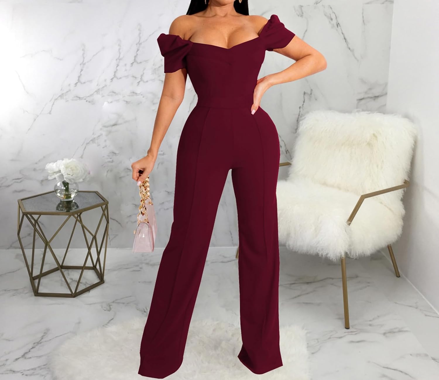 Women's Elegant Sexy Off Shoulder Short Sleeve Wide Leg Pants Long Pant Onesie Clubwear Party Dressy Jumpsuits - Image 6