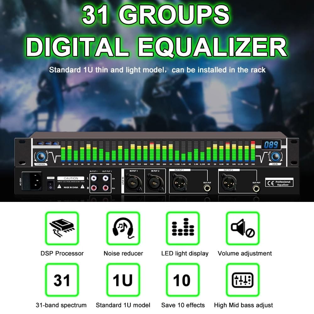 Sistema de audio estéreo de ecualizador gráfico, ecualizador profesional de 31 bandas con 10 efectos preestablecidos y ajuste independiente de bajos/medios/altos para estudio de grabación