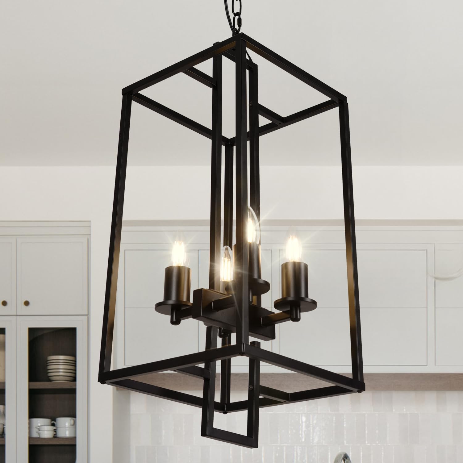 VACILL 4 Light Chandelier, Black Industrial Ceiling Light, Lantern Light Fixtures with Farmhouse Metal Cage Rustic Hanging Light E26 Base for Kitchen Island, Entryway, Indoor