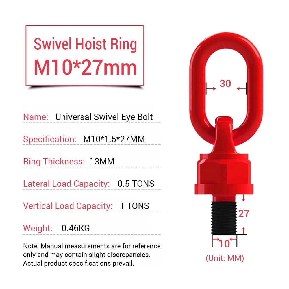 Anneau de Levage Pivotant M10 x 27 mm Acier Allié Rotation 360° Rouge Capacité 0.5-1 Tonne pour Pièces de Grues et Machines
