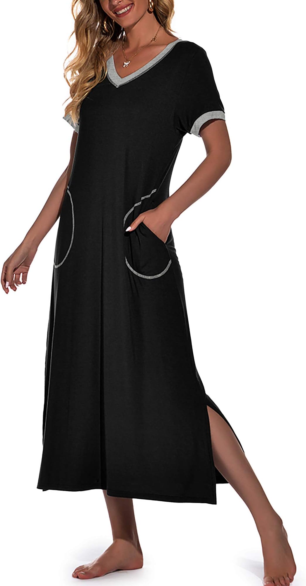PrinStoryWomens Long Nightgown Short Sleeve Nightshirt V-Neck Soft Loungewear Casual Sleepwear With Pockets