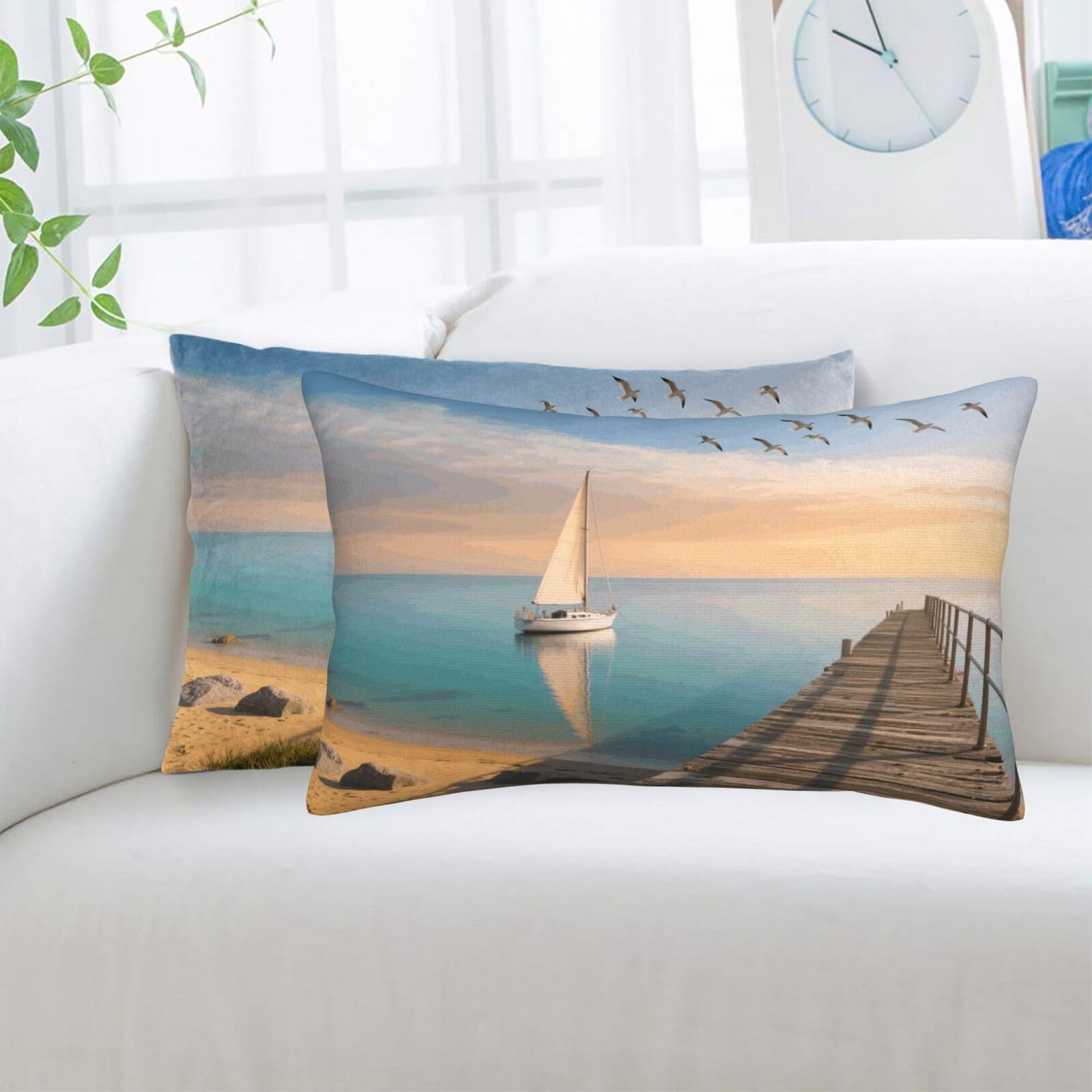 2 Pack Standard Pillowcases Sets, Ultra Soft Comfort Microfiber Plush Pillow Cases Beach Sailboat Seascape Decorative Throw Pillow Cover with Hidden Zipper for Bedroom, Sofa, Couch,16"X24"