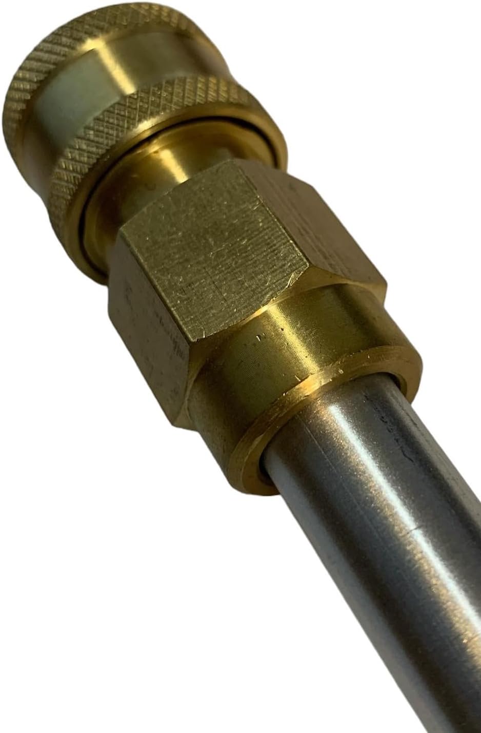 The Sellerocity Pressure Washer Wand Saver fully connected to a pressure washer lance, demonstrating the supportive shoulder design.