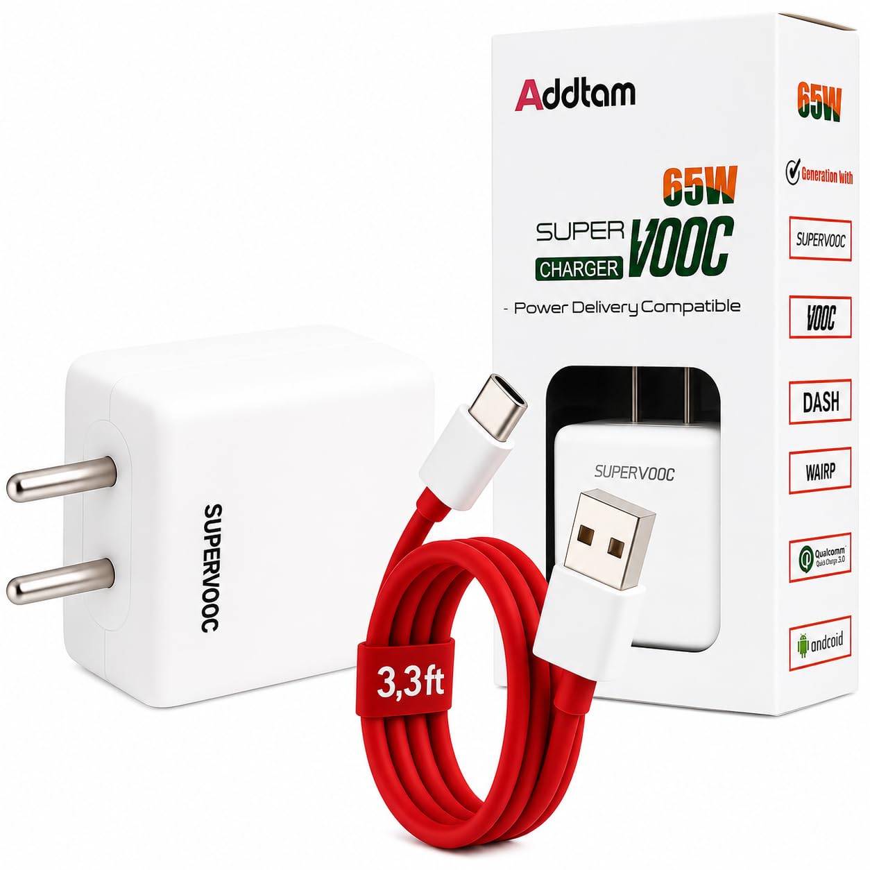 Addtam 65W Super-Fast Charger Adapter Type C to USB-A Cable Combo Compatible with Oneplus, Realme, Oppo, Vivo, Samsung,