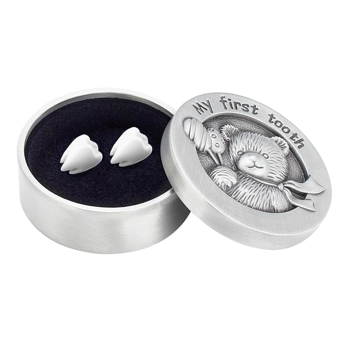 Tomedeks Dental Souvenir Box- Antique Silver Column Bear Gift Box with Velvet Inside Tooth Collection Organizer