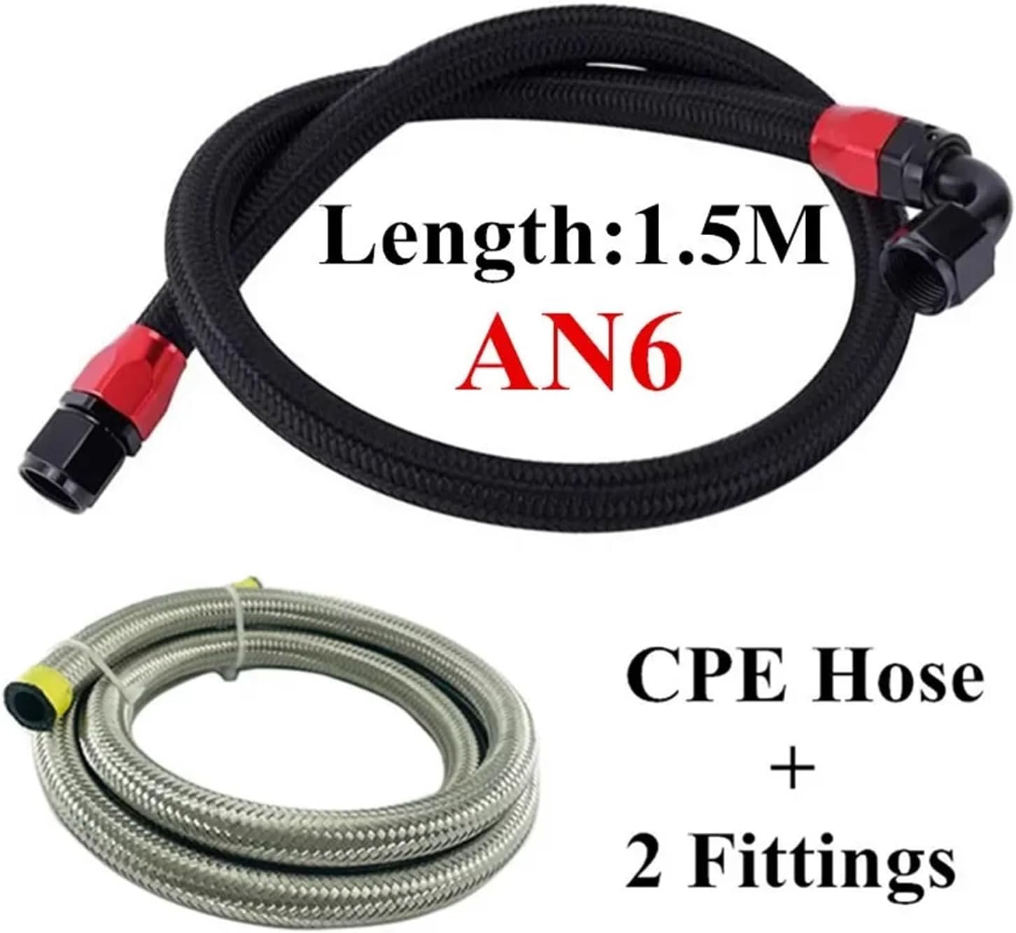 1.5M AN6 Fuel Hose Fitting Oil Line Pipe Tube Nylon Stainless Steel Braided CPE Rubber With 0/45/90/180 Degree Swivel Hose Ends(1.5M Black 0 180)